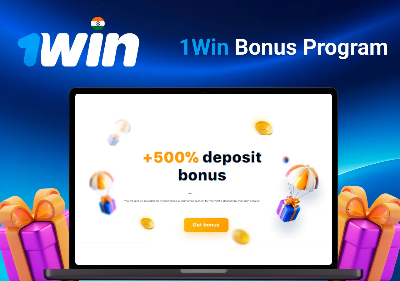 Laptop showing bonus offer of +500% deposit bonus with floating coins and gifts