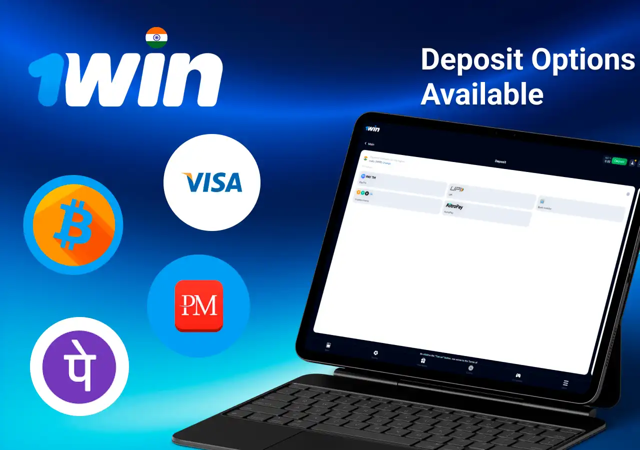 Deposit options available on 1Win platform, including Bitcoin, Visa, PayTM, and Perfect Money, displayed on a tablet