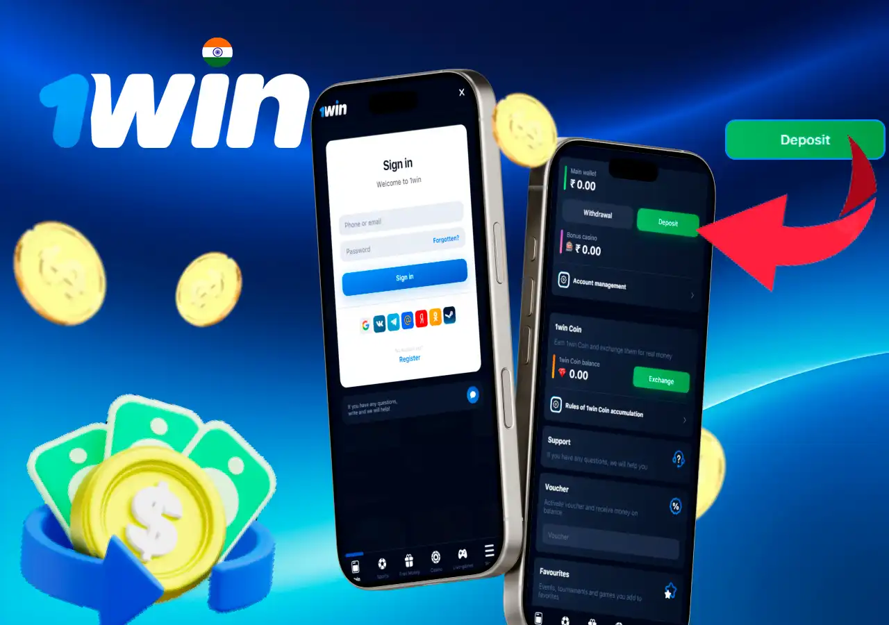 Instructions on how to make the first deposit, showing registration and deposit screen on a mobile device